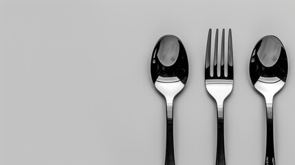   A monochrome image featuring a fork, knife, spoon, and knife rest stacked on a gray backdrop