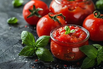 A jar of tomato sauce with basil leaves and tomatoes in the background on a table top with pepper