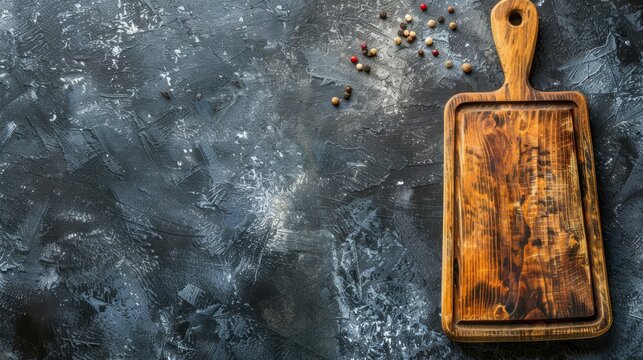   A wooden cutting board rests atop a table, next to a knife and peppercorns in sprinkler