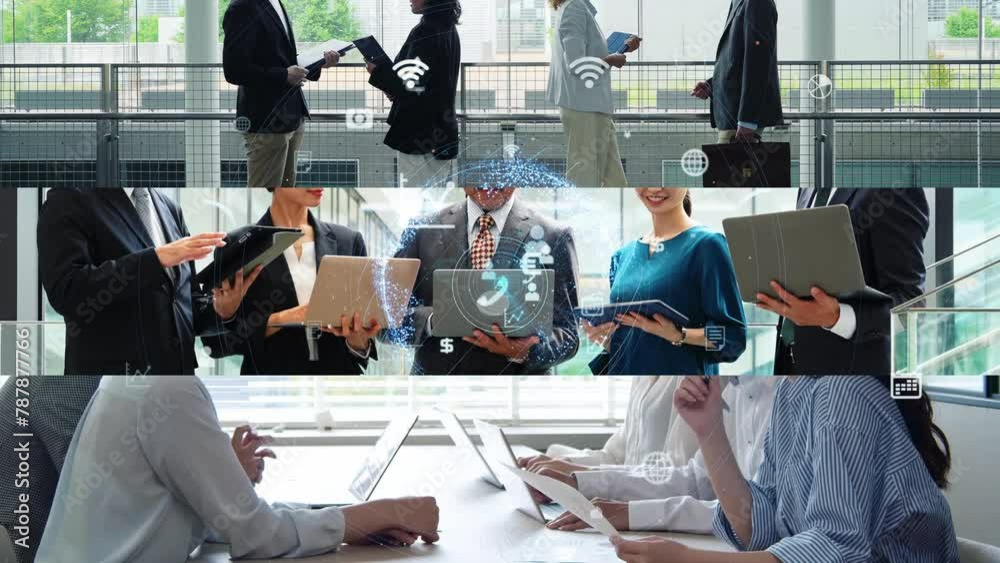 Aufkleber collage of various business scenes and communication network concept. wipe transition from white bac