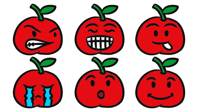 Hand drawing apple fruit in several emotions 