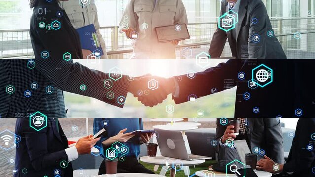 Collage of various business scenes and digital technology concept. Wipe transition from white background.