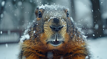   A tight shot of a brown and black animal with snow on its face and around its muzzle