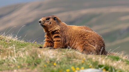   A brown-and-black animal sits atop a green hill, surrounded by another hill blanketed in yellow blooms