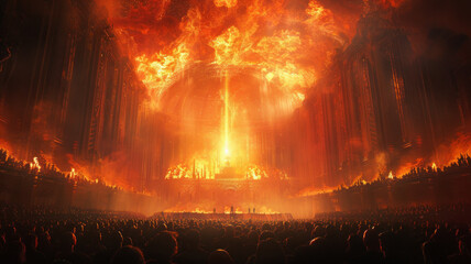auditorium at a metal concert and a fiery stage in the distance.generative ai