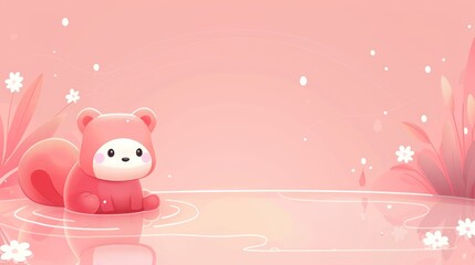   A pink backdrop hosts a charming bear, bobbing in a pool of water Surrounding flowers embellish the scene
