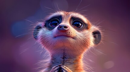  A tight shot of a meerkat's face, eyes sharply focused, surrounded by a softly blurred background - obrazy, fototapety, plakaty