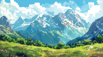 Illustration with Panorama Mountains view. Wonderful