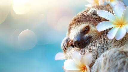   A tight shot of a sloth adorned with flowers circling its neck, surrounded by an indistinct backdrop