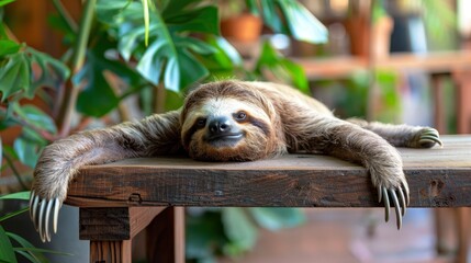 Naklejka premium A brown-and-white sloth atop a wooden table, near a potted plant