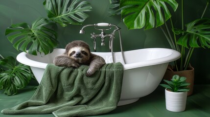 Naklejka premium A brown-and-white sloth sits on a green towel in a bathtub, near a potted plant