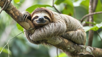   A sloth, brown and white, clings to a tree branch against a backdrop of lush green foliage