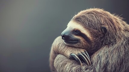 Naklejka premium A tight shot of a sloth with its head poised in its paws and large, open eyes gazing forward
