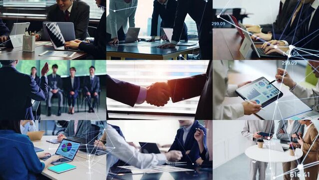 Collage of various business scenes and communication network concept. Wipe transition from white background.