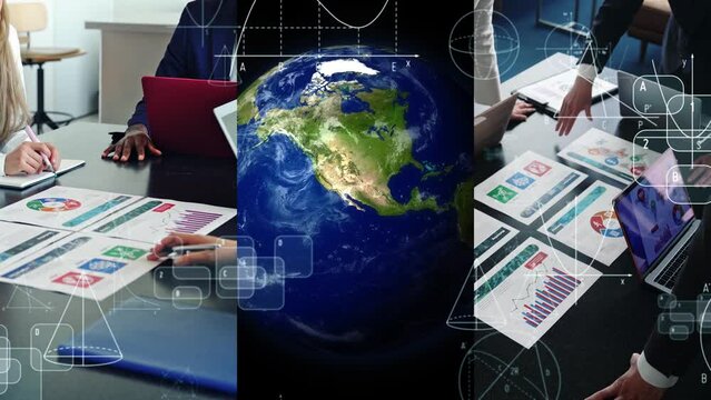 Collage of various global business scenes and science and technology concept. Wipe transition from white background.