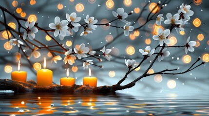   A cluster of candles atop a tranquil body of water, beside a tree adorned with white blossoms