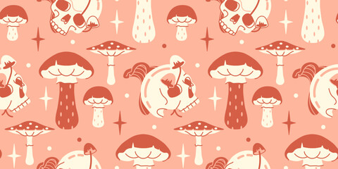 Crazy cool seamless wallpaper. Girly teen aesthetic, fun pink tone backdrop with fungi and skulls.