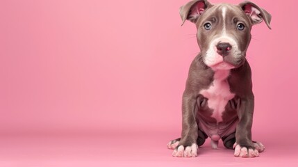   A brown-and-white dog sits before a pink backdrop, sporting a shocked expression - obrazy, fototapety, plakaty