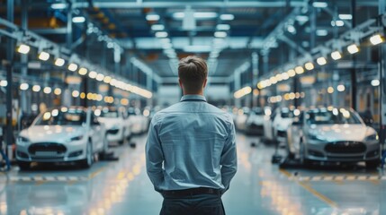 A man stands in a car factory, looking at the cars