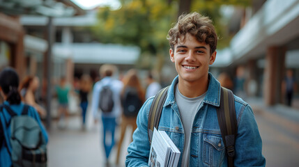 Smiling Young Male Student with Backpack and Books on Urban Campus