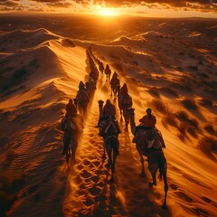 Caravan traverses golden desert dunes at sunset. camels and riders create a classic silhouette. warm, vibrant light. travel theme. generative AI