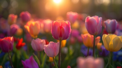 Sunset ambiance, close-up of dew kissed field of multicolored tulip garden in front