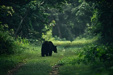 Lone elephant walking on a forest path in misty morning light. Captured in the wild, serene natural habitat. Mood of tranquility. Generative AI