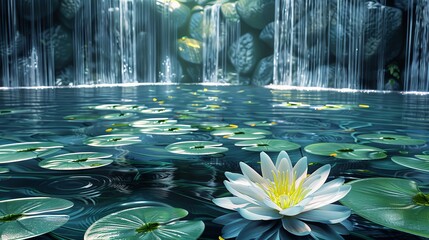   A white bloom atop tranquil water, surrounded by lily pads below, backdrop features a cascading waterfall
