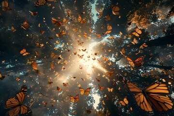 Monarch butterflies swarm in sunlight-filled forest. A dazzling nature scene. Serene and vibrant. Generative AI