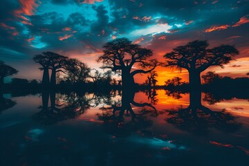 Stunning Sunset Reflection Over Water. African Trees Silhouette. Beautiful Sky Colors. Nature Landscape. Calm Scenery. Travel Background. Generative AI