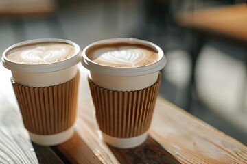 Two Takeaway Coffee Cups on Wooden Table. Casual Morning. Beverage Close-Up. Rustic Style Image. Generative AI