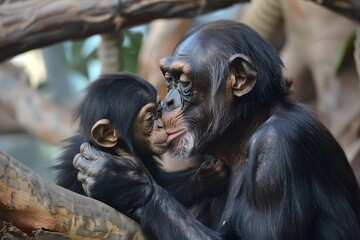 Chimpanzee mother lovingly grooms her baby in a serene habitat. Wildlife moment captured. Tenderness in nature. Generative AI