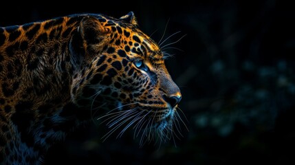 Obraz premium A tight shot of a leopard's face against a black backdrop, overlaid with a softly blurred tree silhouette