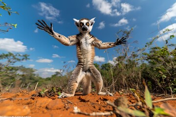 Curious Lemur With Human Hands Stands Ready To Embrace. Surreal Wildlife Scene. Creative and Whimsical Concept. Generative AI