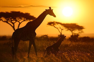 Silhouette of Giraffes at Sunset in Savannah. African Wildlife in Natural Habitat. Calm Evening Scene. Generative AI