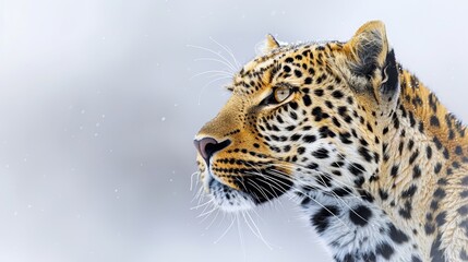   A tight shot of a leopard's face, snowfall softly landing at its nape