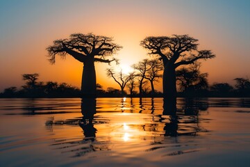Serene sunset over tranquil waters featuring majestic silhouetted baobab trees. Calming landscape, perfect for wall art. Generative AI