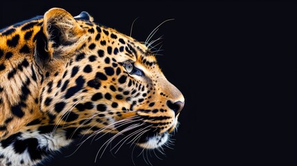  A tight shot of a leopard's head against a pure black backdrop