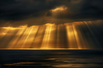 Majestic sun rays piercing through dark clouds over calm sea. Nature's drama captured in moody tones. Serene yet powerful. Landscape photography. Generative AI