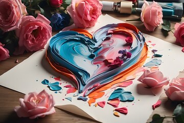 A heart made of paint sits on a piece of paper with some roses around it. - Powered by Adobe