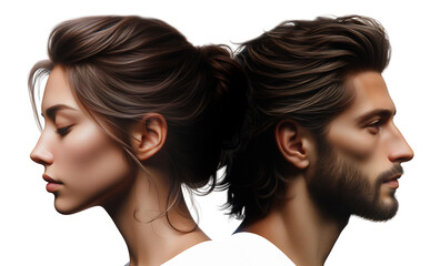 a man and a woman head against head, looking in opposite directions - obrazy, fototapety, plakaty
