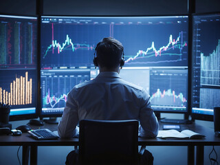 man in front of monitors with stock markets indicators - obrazy, fototapety, plakaty