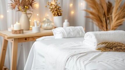   A bed, draped in white towels, stands next to a table The table is adorned with candles and vases