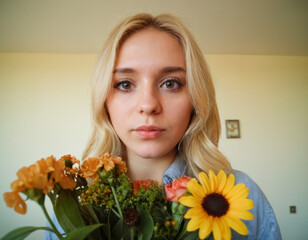 Fototapeta premium macro photo, girl with a bouquet of flowers in modern style, grimacing, caricature, Brown eyes, dof, focus 15mm, fisheye lens, lomo filter, haze