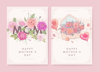 Mother's day poster, flyer, web banner or greeting card set with hand drawn envelipe, bouquet of flowers and elegant frame on white background. Vector illustration