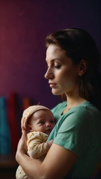 Realistic mother holding baby with solid background and dim light