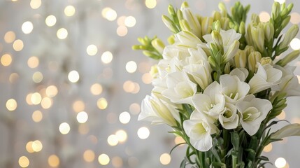   A bouquet of white flowers against a white background, surrounded by lights with a softly blurred bokeh of light in the background