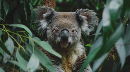  A koala in a tree, gazing sadly at the camera