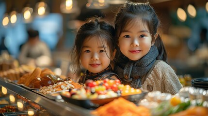 Happy kid and his sister enjoying in buffet breakfast while being in hotel with their parents