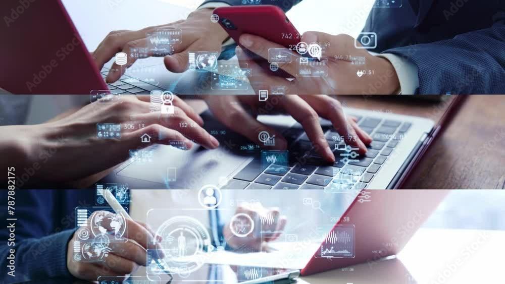 Poster Collage of people using computers and digital technology concept. System engineering. Digital transformation. Wipe transition from white background.